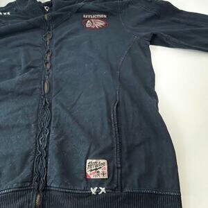 Vtg Y2K Affliction Men's Blue Distressed Full Zip Knit Moto Jacket - Size 3XL
